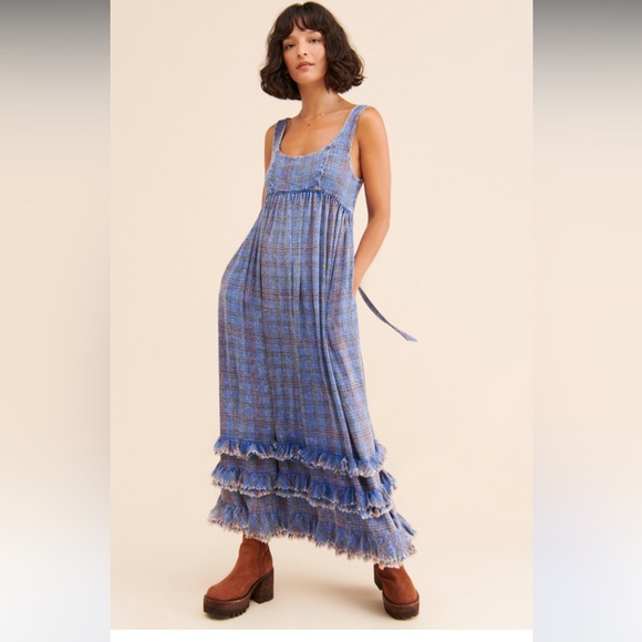Free People Lily Anne Blue Plaid Sleeveless Maxi Dress S - Picture 1 of 8